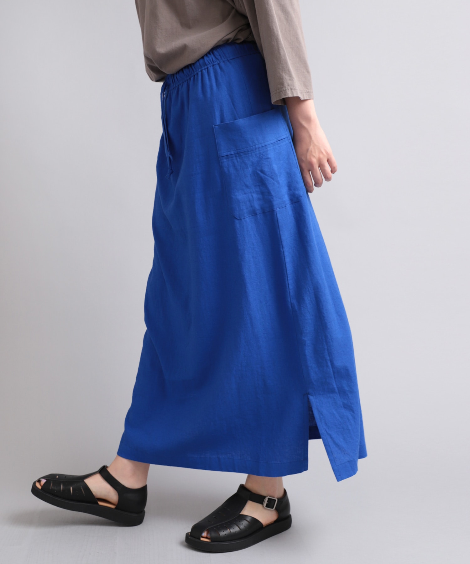 G1047 レーヨンリネンストレートギャザースカート(M ブルー): スカート 