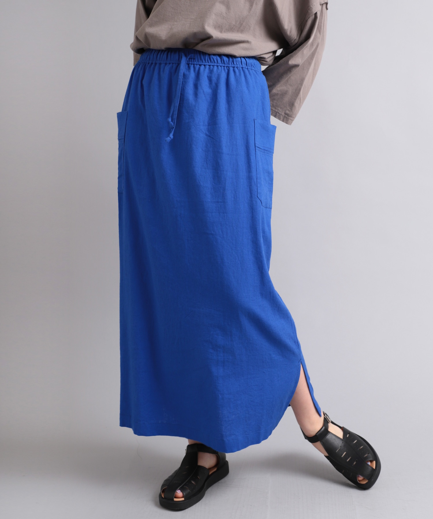 G1047 レーヨンリネンストレートギャザースカート(M ブルー): スカート 